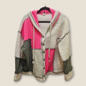 POL Large Mixed Fabric Knit Hooded Cardigan Sweater Patchwork Pink Green Cream